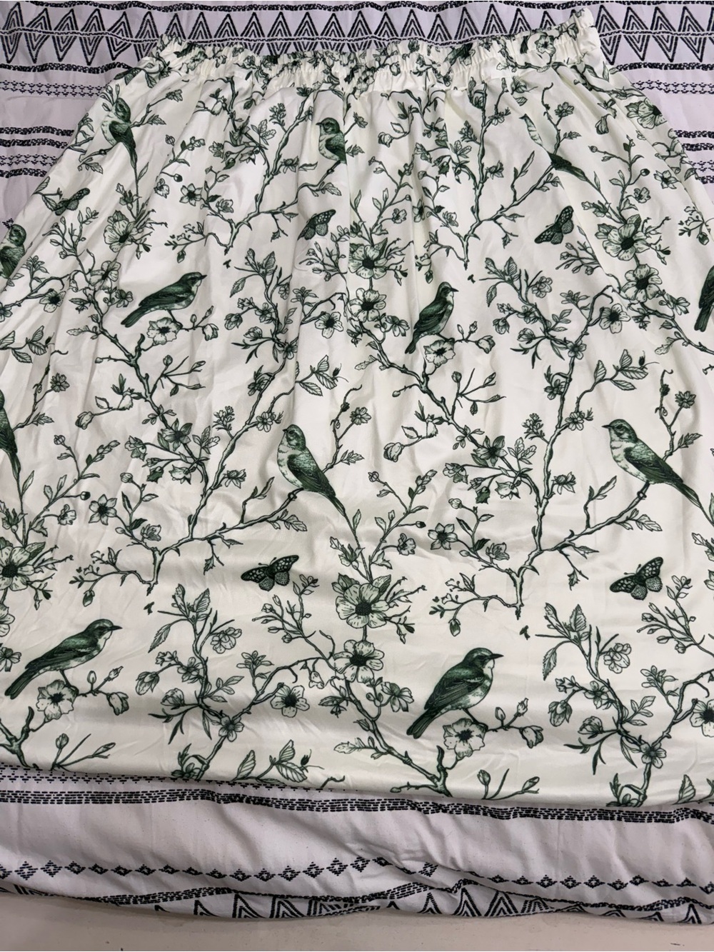 White Skirt with Green Bird & Floral Print